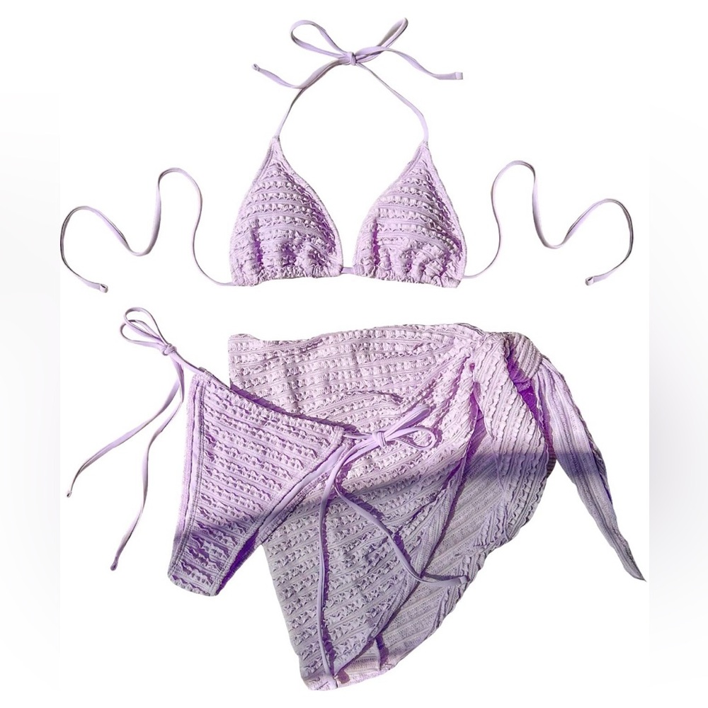 Lavender Bikini Set with Textured Triangle Top and Wrap Bottom